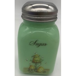 Spice Jar - Square Stove Top Shaker - Jadeite Decaled - Rosso Exclusive - American Made - Mosser Glass USA (Bee Hive w/Sugar)