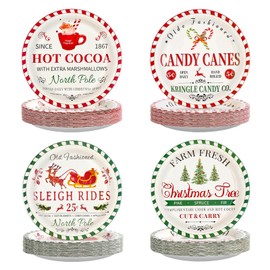 Grencian 60Pcs Christmas Farmhouse Paper Plates 9" Disposable Heavy Duty Xmas Tree Candy Canes Dessert Paper Plates Vintage Rustic Tableware Set for Christmas Winter Holiday Party Decorations