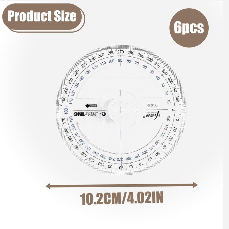 Protractor, 6-Piece 360 Degree Geometry Tool Set, 10cm Diameter Protractors