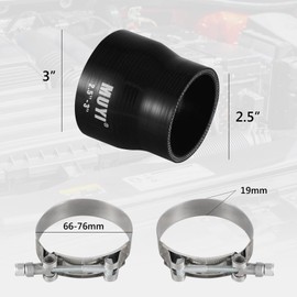 MUYI 2.5" to 3 inches Silicone Reducer Intercooler Tube Kit, 4 Layers Reinforced Straight Intake Turbo Piping Coupler Hose with 2PCS T-Bolt Clamps (Length 3", ID 63-76mm)