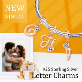 NINGAN Alphabet Series Pendant Charm Rose Gold 925 Sterling Silver Letter Charms Initial A-Z Dangle Beads for European Charm Bracelet, Silver, Cubic Zirconia