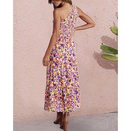 BTFBM Women One Shoulder Sleeveless Casual Summer Dresses 2023 Smocked High Waist Floral Flowy Beach Boho Maxi Dress(Floral White Purple, X-Large)