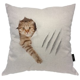 Beabes Pillow Cover Funny Cat, Cute Kitten Cat Paw Claw Hole Decorative Square Pillowcases Cotton Linen Cushion Cover 18x18 Inch for Sofa Bedroom Home Car Office