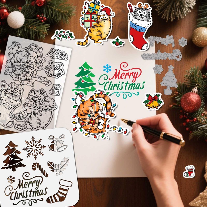 GLOBLELAND Christmas Cartoon Cat Clear Stamps Cutting Dies PET Painting
