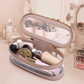 Pinkmik Makeup Brush Case Clear Travel Cosmetic & Toiletry Bag Slim Makeup Bag with Zipper Small Purse Organizer Car Essential Bag for Women (Pink, SLIM-2)