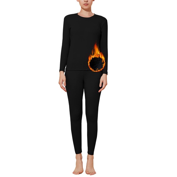 [HIBETY] Warm Inner Women's Heat Tech Top and Bottom Set Thermal Underwear, Long Sleeve Shirt, Long Pants, Thermal Inner Shirt, Winter Warm, Black