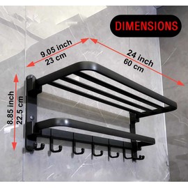 (1 Pack) Yariwiz Matte Black Towel Rack Wall Mounted No Drill and Screw Mounting, Bathroom Bath Shower Length 24 inch Double Towel Rod with Shelf Hotel Towel Rack B0503-MB