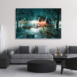 Looife Merry Christmas Canvas Wall Art, 24x18 Inch Busy Xmas Night Scene of Town Picture Prints Artwork Wall Decor, Gallery Wrapped Art Deco for Gift Choice