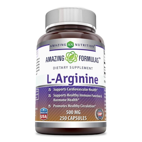 Amazing Formulas L Arginine 500mg Supplement - Best Amino Acid Arginine HCL Supplements for Women & Man - Promotes Circulation and Supports Cardiovascular Health - 250 Capsules