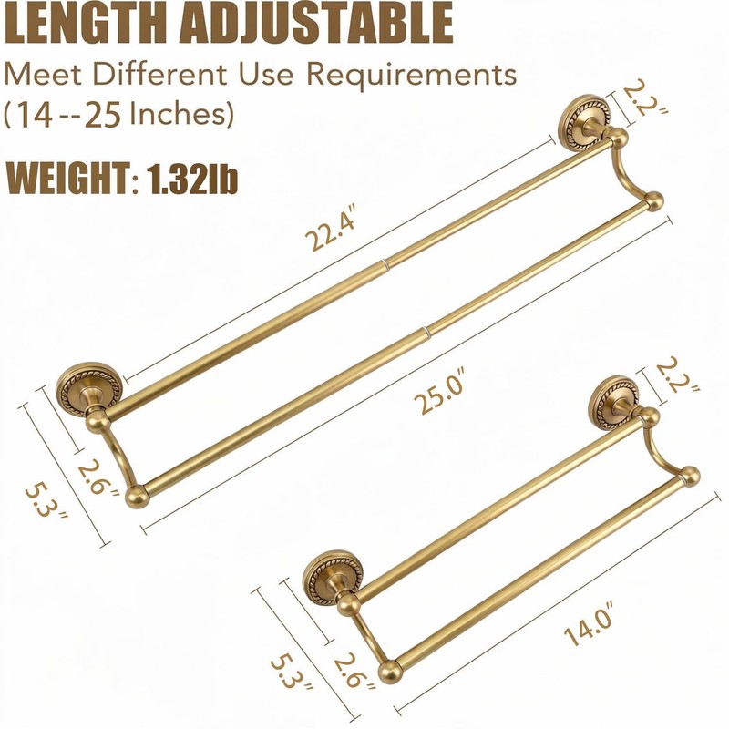 Adjustable Double Towel Bar, Antique Brass Wall Mount Towel Rack