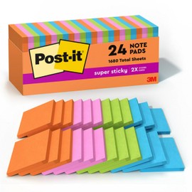 Post-it Super Sticky Notes, 24 Sticky Note Pads, 3 x 3 in., School Supplies, Office Products, Sticky Notes for Vertical Surfaces, Monitors, Walls and Windows, Energy Boost Collection