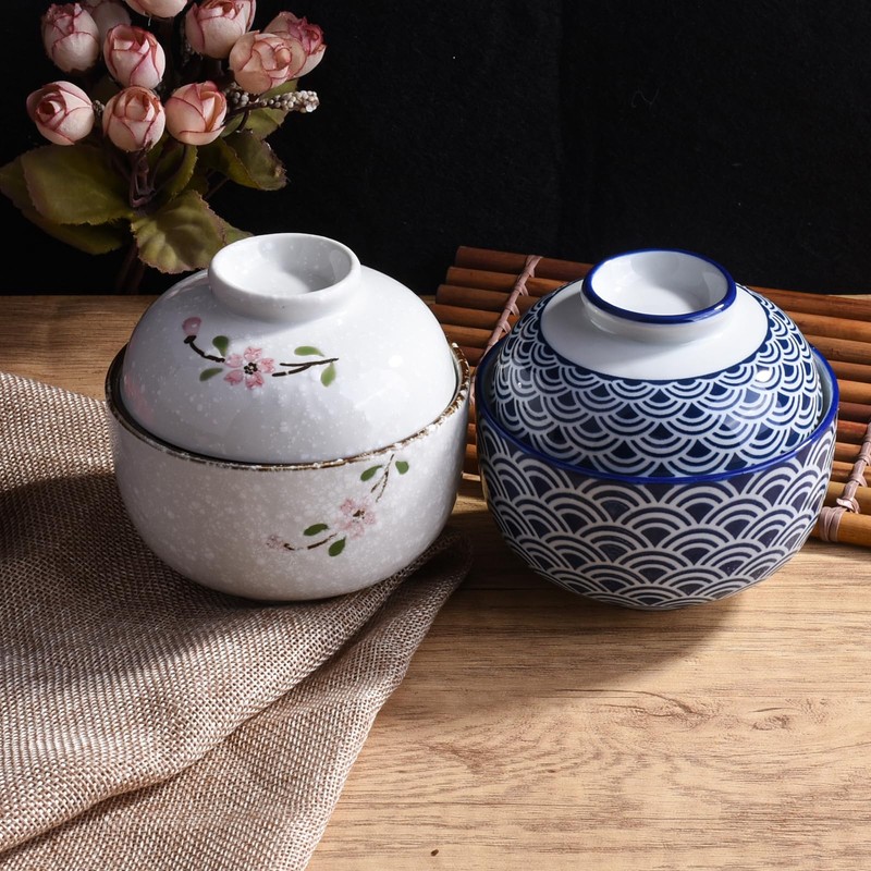Japanese Ceramic Soup Bowl with Lid Traditional Rice Bowl with