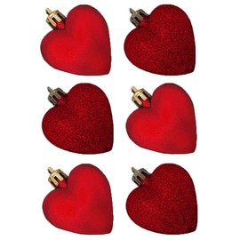 6 Pack 50mm Glitter / Plain Hearts Christmas Decoration - Red 8414