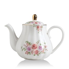 Sweejar Royal Teapot, Ceramic Tea Pot with Removable Stainless Steel Infuser, Blooming & Loose Leaf Teapot (Rose Flower, 40 Ounce)