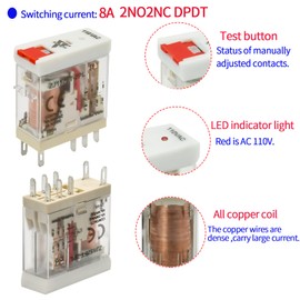 ZJWZJH Power Relay Electromagnetic with Test Button 110V 120V AC 8Amp DPDT 2Pole 2NO 2NC Socket with Indicator LED Module, UL Certification (8 Pin- 8A, AC 110V)