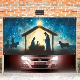 HOMETITUTE Christmas Garage Door Banner 13x6ft Silent Night Holy Nativity Theme Backdrop Holiday Seasonal Decor Winter Door Cover Banners for Outside Garage Wall Covering for Party Garage Decorations