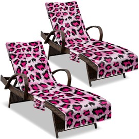 NISDOING Lounge Chair Towel Cover, (Pack of 2), Beach Chair Cover with Pockets, Pool Chair Covers for Outdoor Beach Furniture Sun Lounger, No Sliding, 85 X 30 in, Leopard Pink Rose