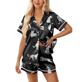 Ekouaer Womens Silk Pajama Sets Button Up Satin Pjs Short Sleeve 2 Piece Cute Loungewear Notch Collar with Chest Pocket