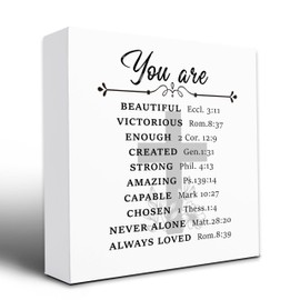 Christian Desk Decor,You Are Beautiful Victorious Enough Created Strong Amazing Capable Chosen Never Alone Always Loved,Wooden Plaque Sign Box For Christian Bedroom Desk 5x5 Inches.(068)