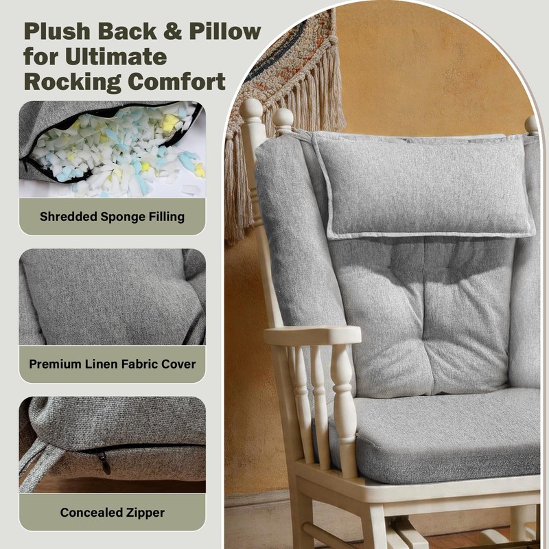 Wingback Rocking Chair Cushion with Neck Pillow High-Density Foam Indoor