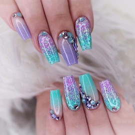 Sethexy Medium Ballerina False Nails Rhinestone Glitter Nails for Press On Green Colour Gradient False Nails Shiny for Women and Girls 24 Pieces (4)