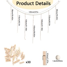 Boho Style Hanging Photo Display with 30 Clips for Bedroom, Living Room, Dorm Wall Decor DIY Picture Collage Board Wall Mounted Photo Display Rope (1)