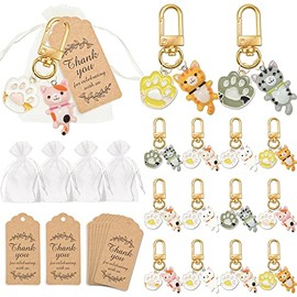 Paquete de 12 recuerdos de fiesta de gato, lindo llavero colgante de gato con bolsas de organza, etiquetas kraft de agradecimiento para regalos de fie