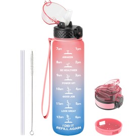 GOPPUS Drinking Bottle, 1 Litre BPA-Free Tritan Water Bottle with Straw, Sports Water Bottle, Leak-Proof with Time Marking and Brush, Sports Bottle for Fitness, School, Yoga, Outdoor (1 Bottle)