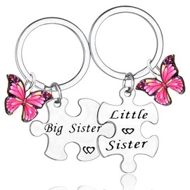 2PCs Big Sister Little Sister Keyring Sister Gifts from Sister Big Sis Lil Sis Keyring Puzzle Matching Gifts for Big Sister Little Sister Christmas Birthday Gifts Pink Butterfly Charm Gifts Jewellry