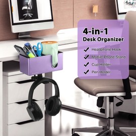 DramLan Desk Organizer with Headphone Hanger Desk Cup Holder for Desk Storage Beverages Phone Holder Clip on Desk Cup Holder Rotating Headphone Hanger and Detachable Desk Storage (Purple), M002