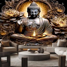 FENDROM Sitting Golden Buddha Tapestry Wall Hanging Buddhist Statue Tapestries Vintage Fire Lotus Meditation Wall Decor Zen Art Psychedelic Tapestry for Bedroom Living Room Home Decor
