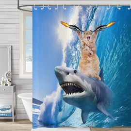 Hnmdmyi Funny Shower Curtain, 90 x 180 cm, Cool Cat Riding Shark Shower Curtains, Ocean Sea Waves Fish Blue, Cute Kids, Boys Bath Curtain, Waterproof, Polyester Fabric, Washable Bath Curtain