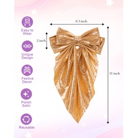 Gold & Silver Christmas Hair Bows, Shiny Satin Bow with Long Tail Hair Clips for Women, French Hair Accessories for Girls, Teens, Hair Barrettes for Parties/Weddings, Non-Slip Clip for Thick/Thin Hair