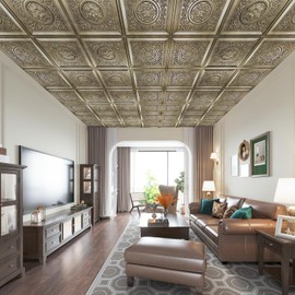 WOWSTAR 12-Pack 24"x24" Drop Ceiling Tiles, Vintage Style Waterproof Glue up Ceiling Panels Decor, Antique Gold