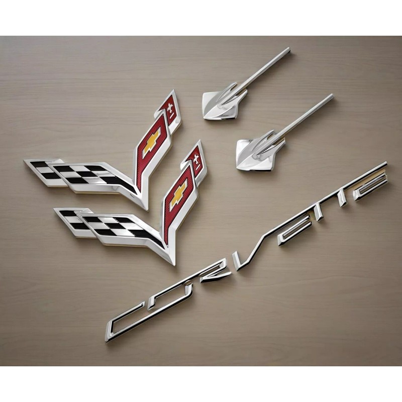 GM 5PC Chrome Front Rear Stingray Cross Flags Emblem Kit
