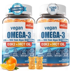 Vegan Omega 3 Gummies 1280mg + Vitamin D3 K2 (MK7), Omega 3 Fish Oil Alternative for Adults, w/Algae EPA 600mg & DHA 400mg, MCT Oil - No Fish Taste - for Brain, Eye, Immune Health, Sugar Free, 2 Pack