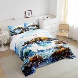 Castle Fairy Sea Lighthouse Comforter Set Queen Size,Watercolor Blue Ocean Oil Painting Bedding Set for Women Adult,Reef Sea Wave Sky Hawaiian Scenery Luxury Bed Duvet Insert, 2 Pillowcases