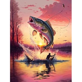 XOING Pink Sunset Lake Fish Diamond Painting Kits, 5D Round Rhinestones Diamond Painting for Adult, DIY Embroidery Art Kit, for Wall Decor and Cafe Decor, 12x16 Inch