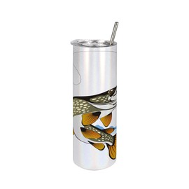 Lunarable Fishing 20 Oz Skinny Tumbler, Pike out of Water Splash to Catch the Trap Lure Tackling Marine Life Illustration, Leak-Proof Straw Lid and Brush Vacuum Insulated for Outdoor Use, Multicolor