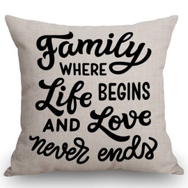 SSOIU Family Where Life Begins and Love Never Ends Pillow Covers, Family Inspirational Quote 18 x 18 Inch for Farmhouse Decor Housewarming Presents for New Home