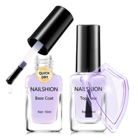 Nailshion Anti-UV Base Top Coat, 2PCS Calcium & VE Base Strengthening High Shine Top Coat Clear Nail Polish, Chip Resistant Quick Air Dry Protects Color & Nails Prevents Discoloration Manicure Gift