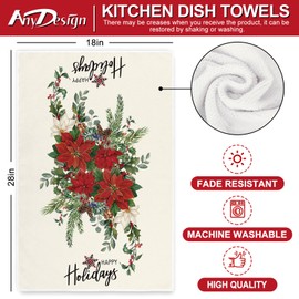 AnyDesign Merry Christmas Kitchen Towels Red Xmas Cardinal Poinsettia Kitchen Dishcloth 18 x 28 Inch Ultra Absorbent Tea Towel Drying Hand Towel for Holiday Home Kitchen Cooking Baking, Set of 2