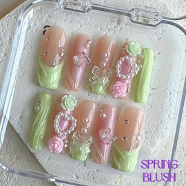 NailPhoria MID-FALL Collections 10PCS Handmade Press On Nails REUSABLE 3D GEL / Acrylic FALL 2024 - Design: spring blush, Nail Bed Size: S