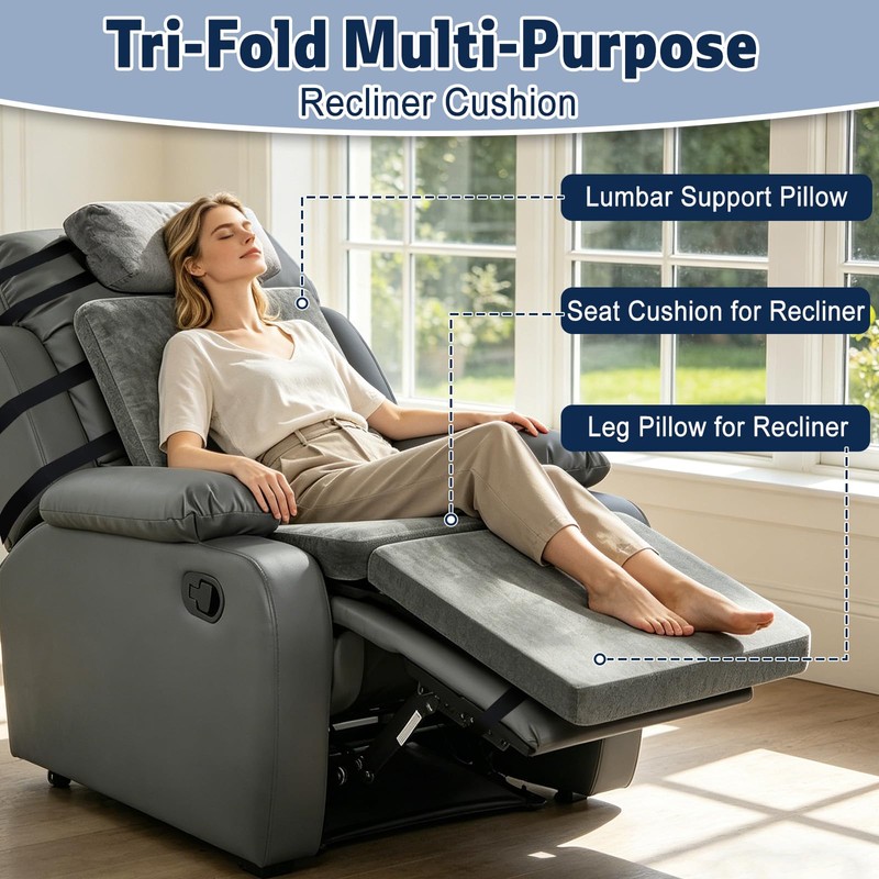 3-Fold Recliner Cushion with Head Pillow and Backrest (Grey)