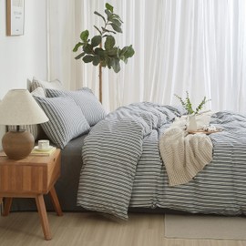 XINMIANFANG Striped Duvet Cover Set Full Size 100% Washed Cotton Linen Touch Natural Wrinkle Comfortable Breathable Durable (Full, Double Stripe-Navy Blue/White)