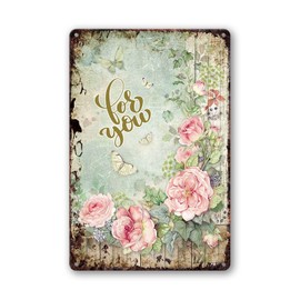 Metal Tin Vintage Rose Wall Decor - Shabby Chic Home & Garden Sign - 8x12 Inch