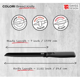 Kuhn Rikon Colori Bread Knife with Safety Sheath, 7 inch/17.78 cm Blade, Black