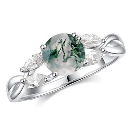 ZLAEBL Willow Moss Agate Engagement Rings for Women, 1.2ct Moissanite Wedding Rings 925 Sterling Silver Vermeil Twig Round Cut Moss Agate Rings for Women Gifts,8