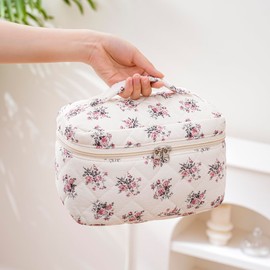 RSRSLEII Large Quilted Corduroy Makeup Bag for Women and Girls, Cute Coquette Floral Cotton Cosmetic Bag, Aesthetic Travel Organized Toiletry Bags (Corduroy Pink)