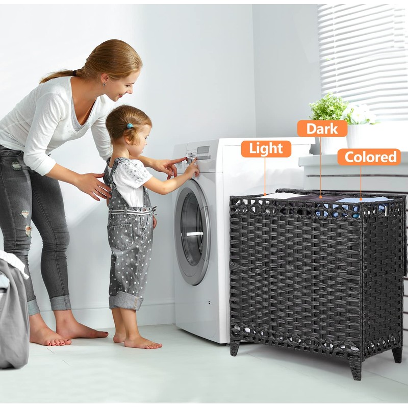 Laundry Hamper with 3 Removable Liner Bags; 132L Handwoven Rattan